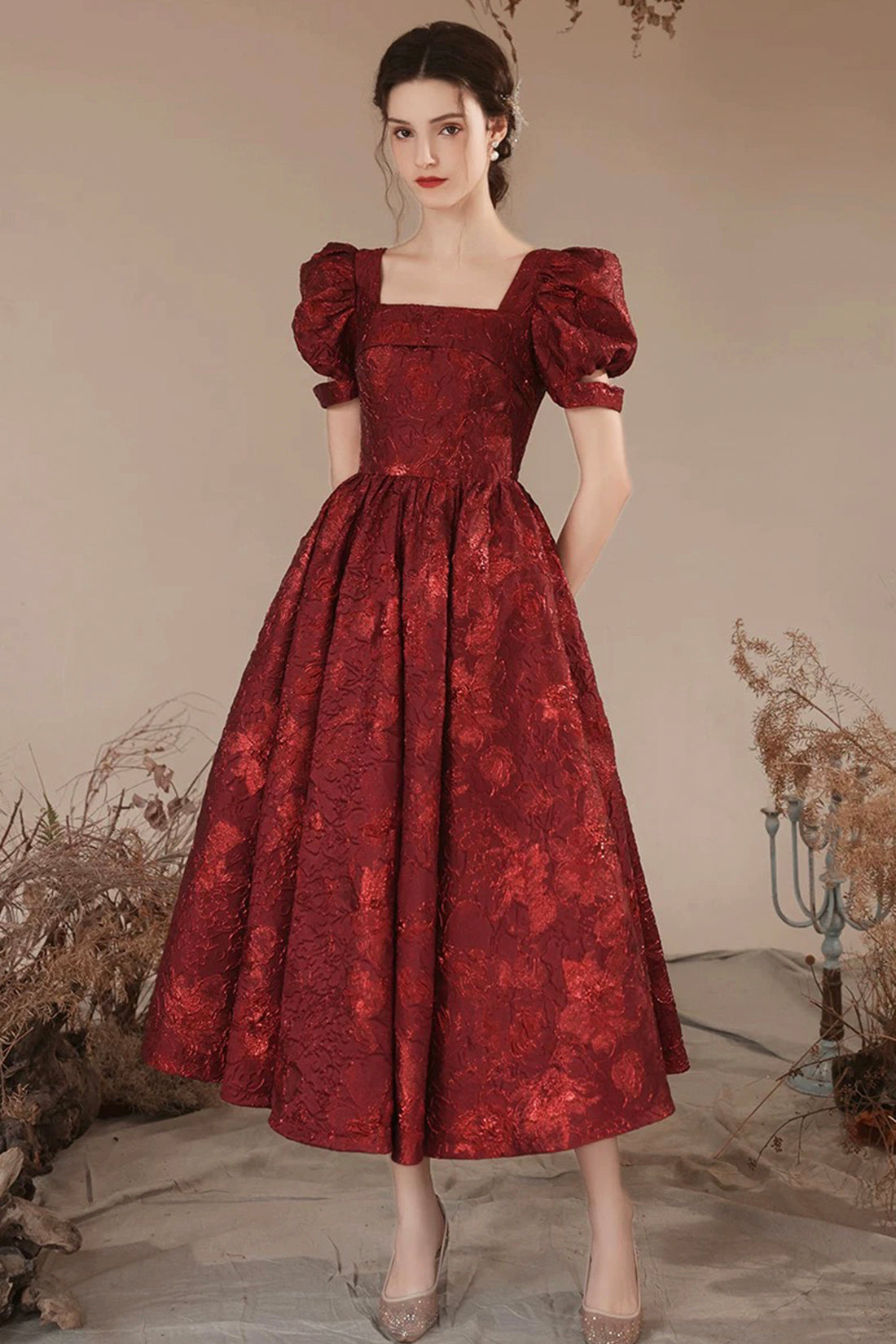 Burgundy Printed Pattern Strapless Short Prom Party Dress
