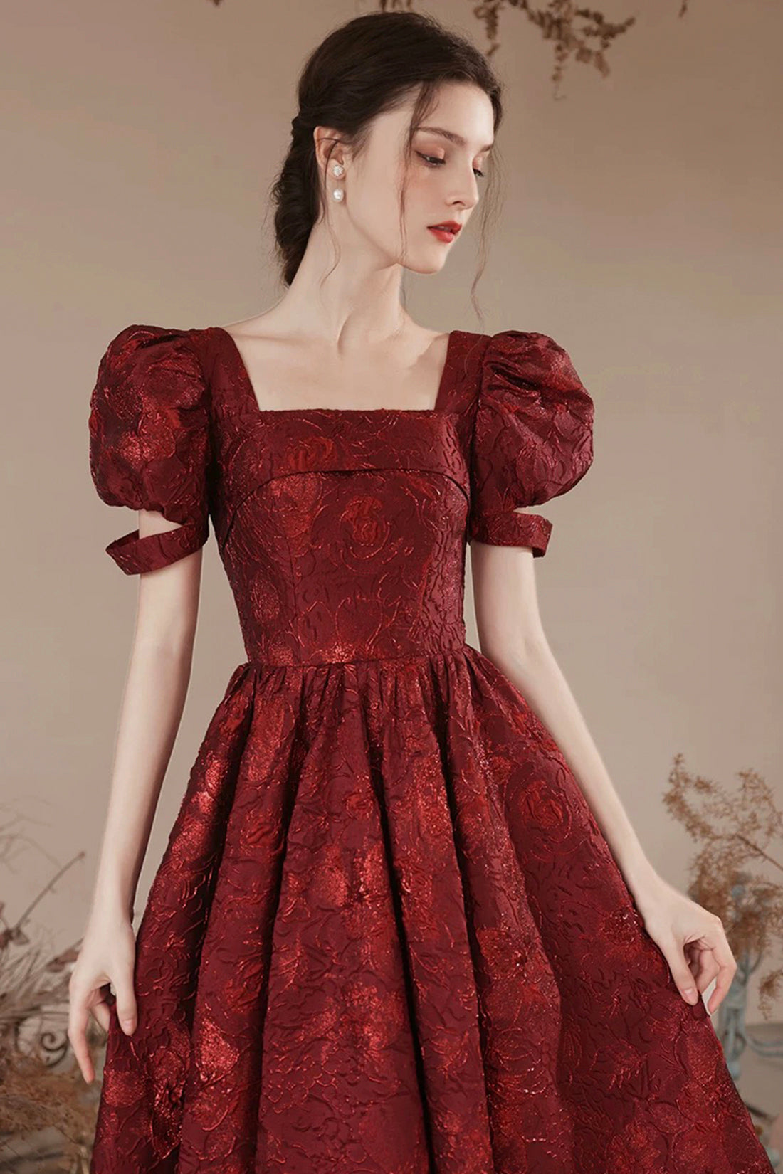Burgundy Printed Pattern Strapless Short Prom Party Dress
