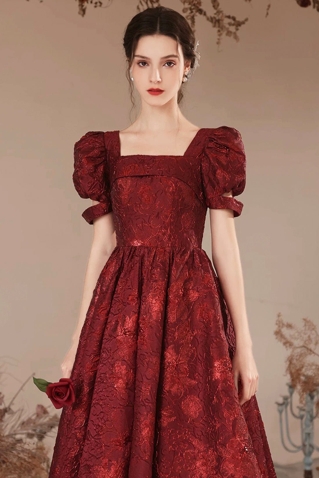 Burgundy Printed Pattern Strapless Short Prom Party Dress