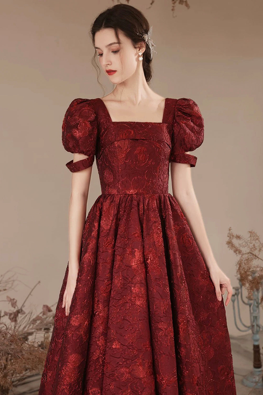 Burgundy Printed Pattern Strapless Short Prom Party Dress