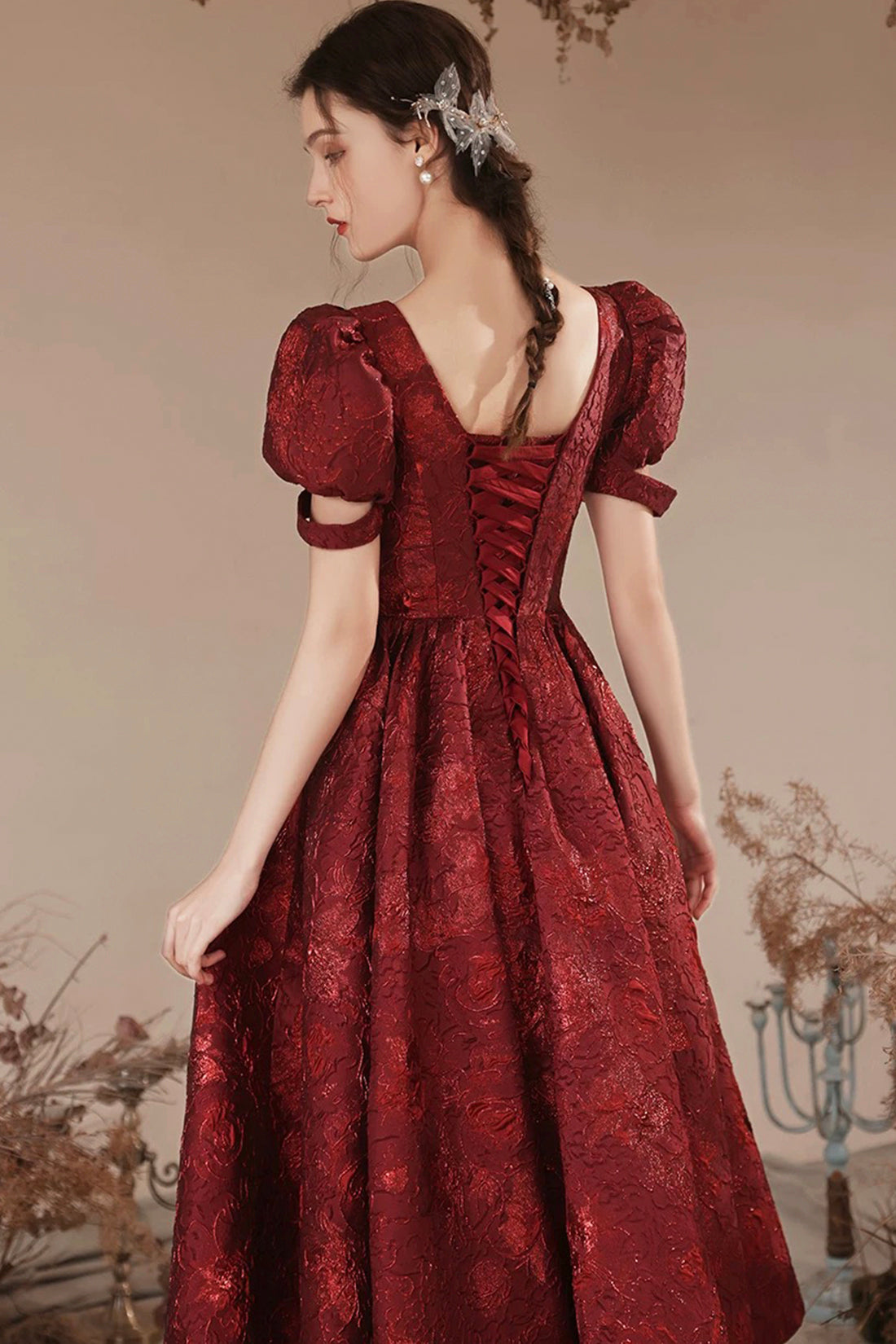 Burgundy Printed Pattern Strapless Short Prom Party Dress