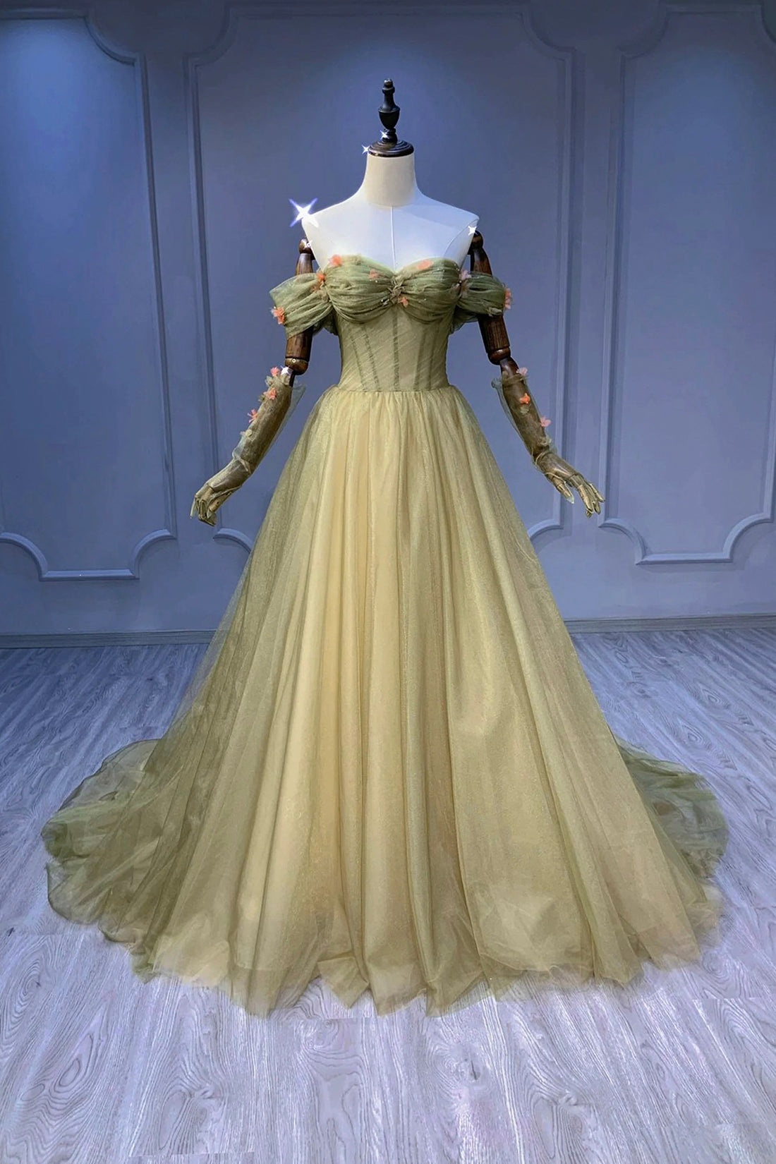 Beautiful Green Sweetheart Flowers Long Party Dress, Green Tulle Evening Dress