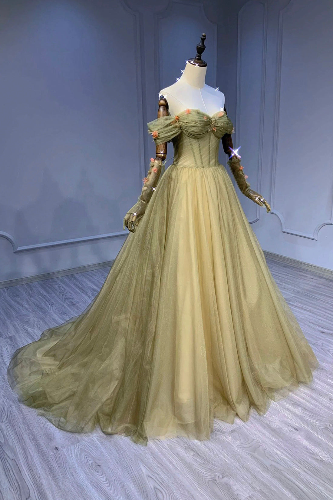 Beautiful Green Sweetheart Flowers Long Party Dress, Green Tulle Evening Dress