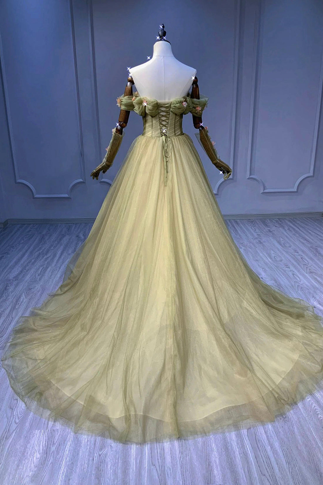 Beautiful Green Sweetheart Flowers Long Party Dress, Green Tulle Evening Dress