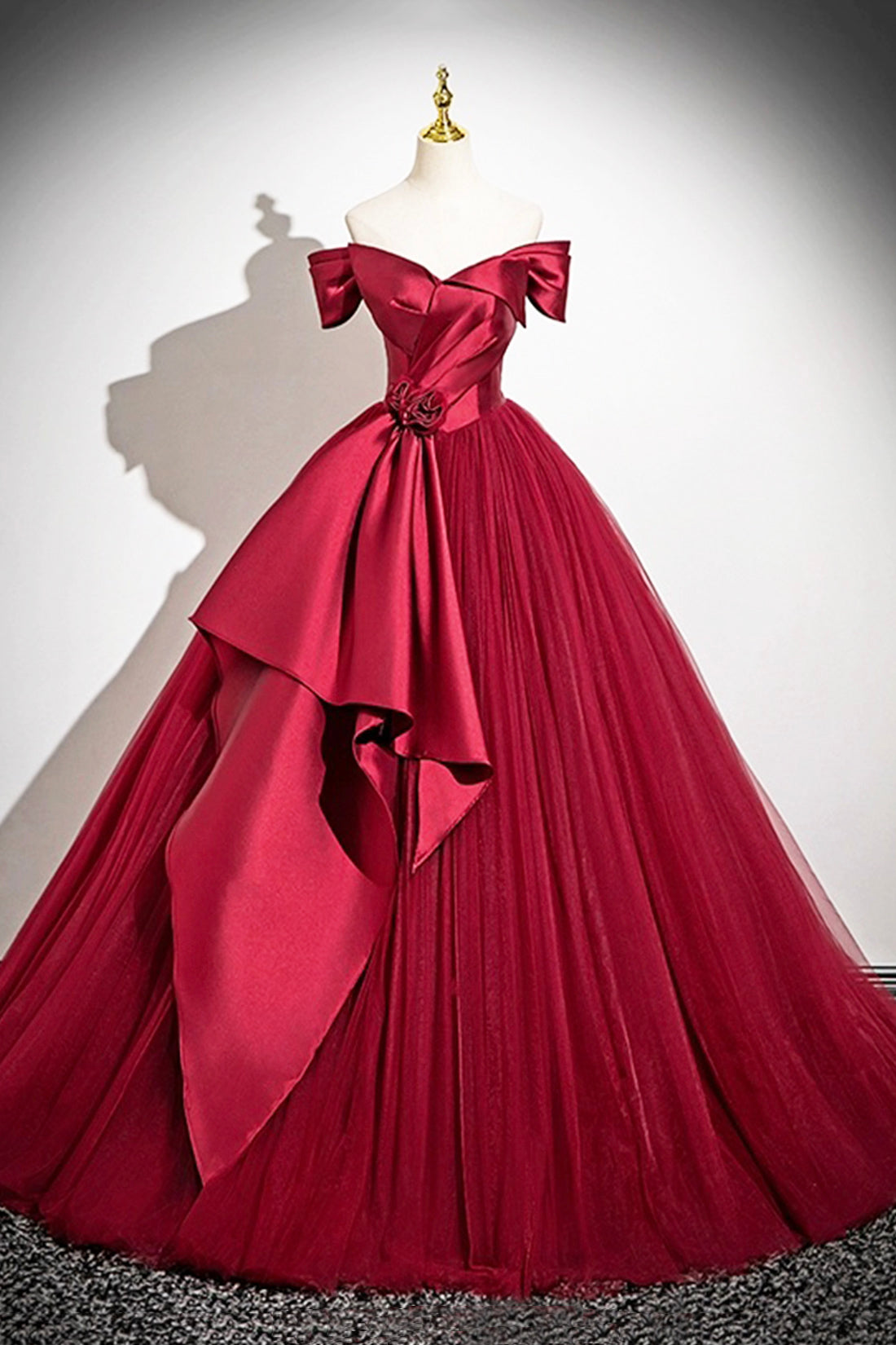 Burgundy Satin and Tulle Long Prom Dress, Off the Shoulder Party Dress