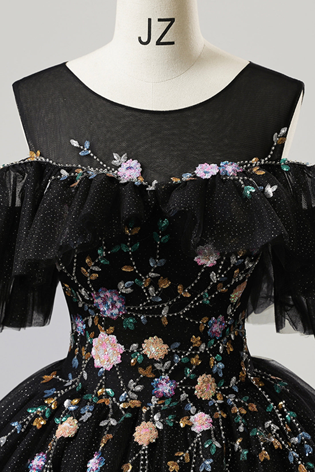 Black Tulle Beaded Floor Length Prom Dress, Beautiful A-Line Party Dress
