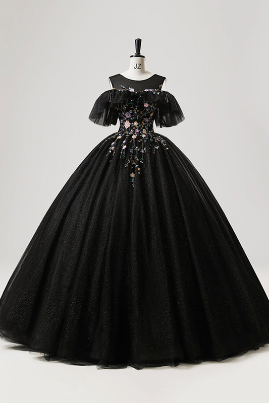 Black Tulle Beaded Floor Length Prom Dress, Beautiful A-Line Party Dress
