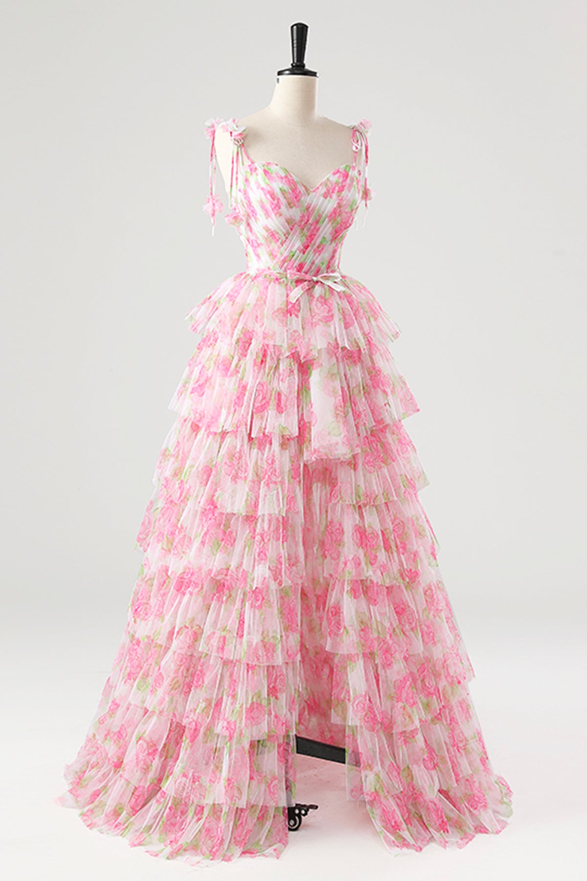 Pink Spaghetti Strap Rose Pattern Long Prom Dress with Removable Skirt