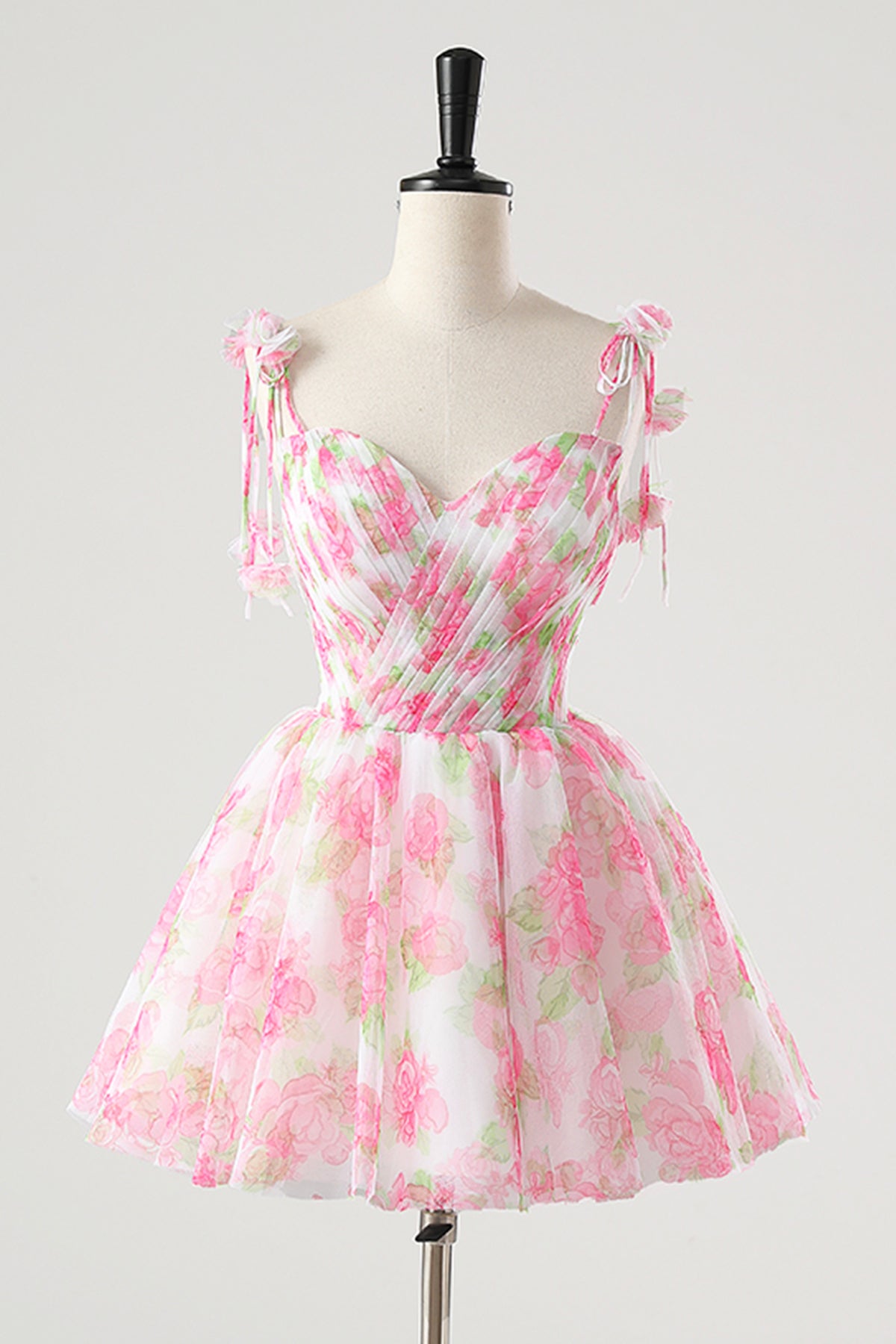 Pink Spaghetti Strap Rose Pattern Long Prom Dress with Removable Skirt