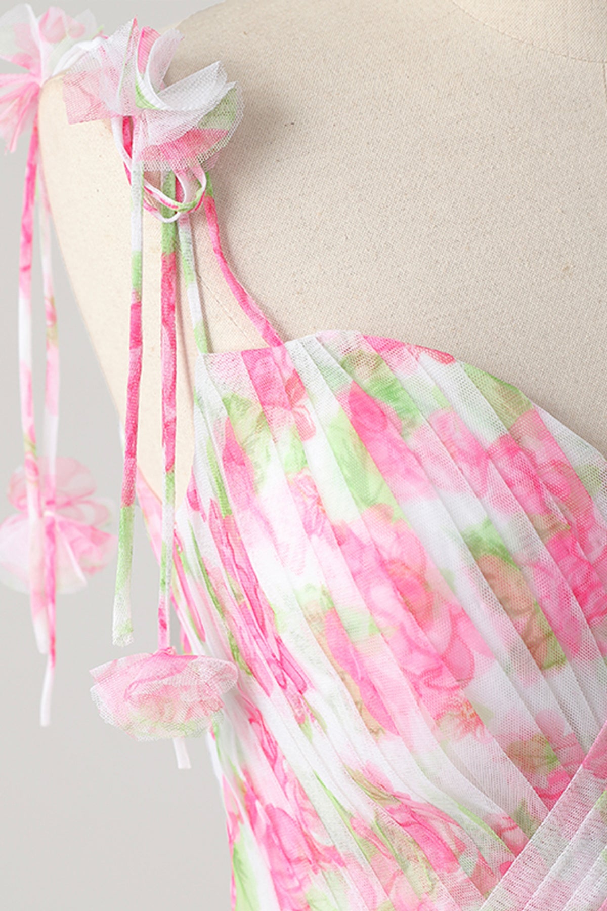 Pink Spaghetti Strap Rose Pattern Long Prom Dress with Removable Skirt