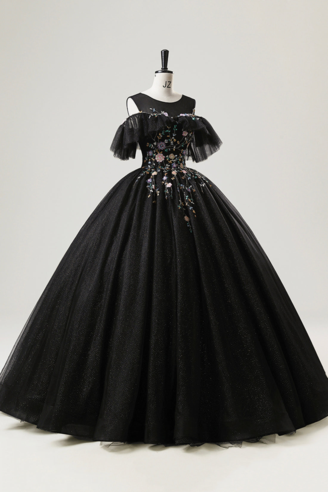 Black Tulle Beaded Floor Length Prom Dress, Beautiful A-Line Party Dress