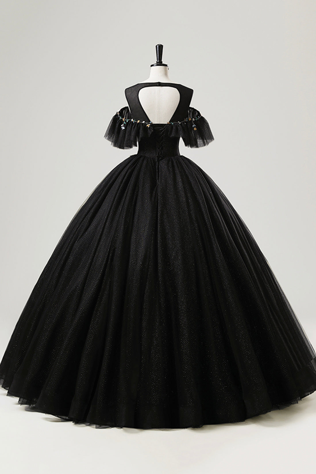 Black Tulle Beaded Floor Length Prom Dress, Beautiful A-Line Party Dress
