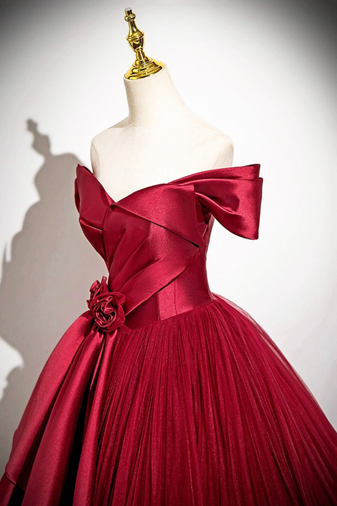 Burgundy Satin and Tulle Long Prom Dress, Off the Shoulder Party Dress
