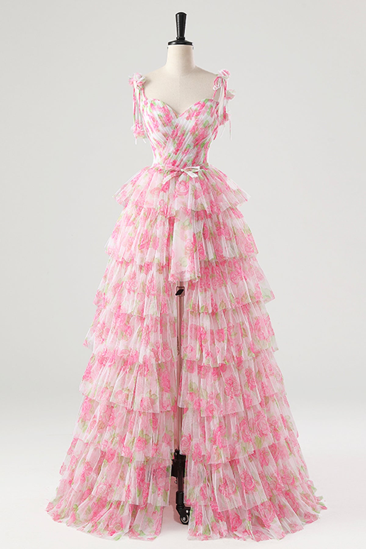 Pink Spaghetti Strap Rose Pattern Long Prom Dress with Removable Skirt