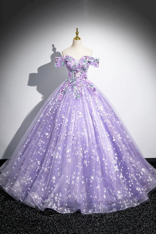 Purple Tulle Sequins Long Prom Dress with Flower, Off the Shoulder Party Dress
