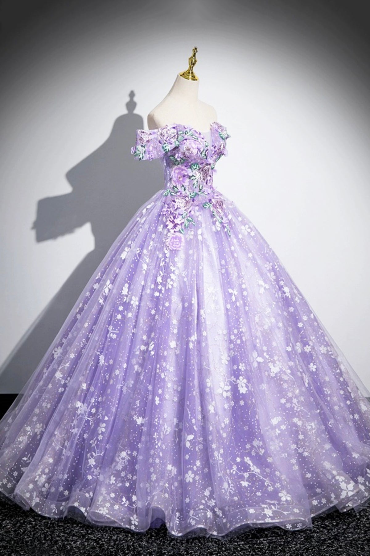 Purple Tulle Sequins Long Prom Dress with Flower, Off the Shoulder Party Dress