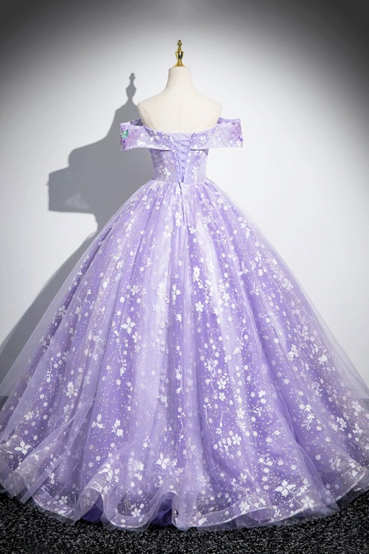Purple Tulle Sequins Long Prom Dress with Flower, Off the Shoulder Party Dress