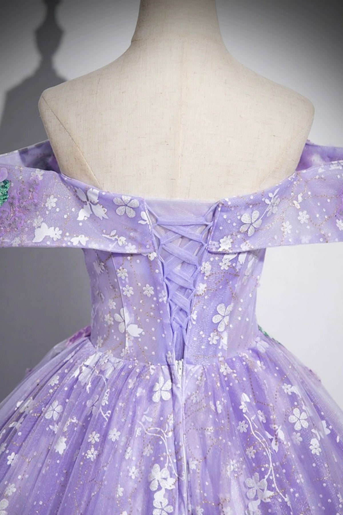 Purple Tulle Sequins Long Prom Dress with Flower, Off the Shoulder Party Dress