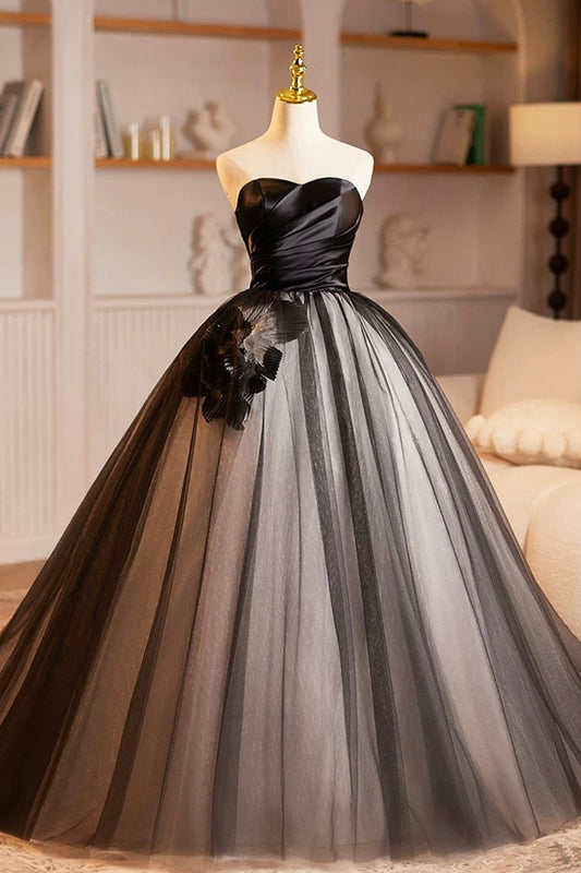 Black Satin and Tulle Long Prom Dress, Elegant A-Line Strapless Formal Party Dress