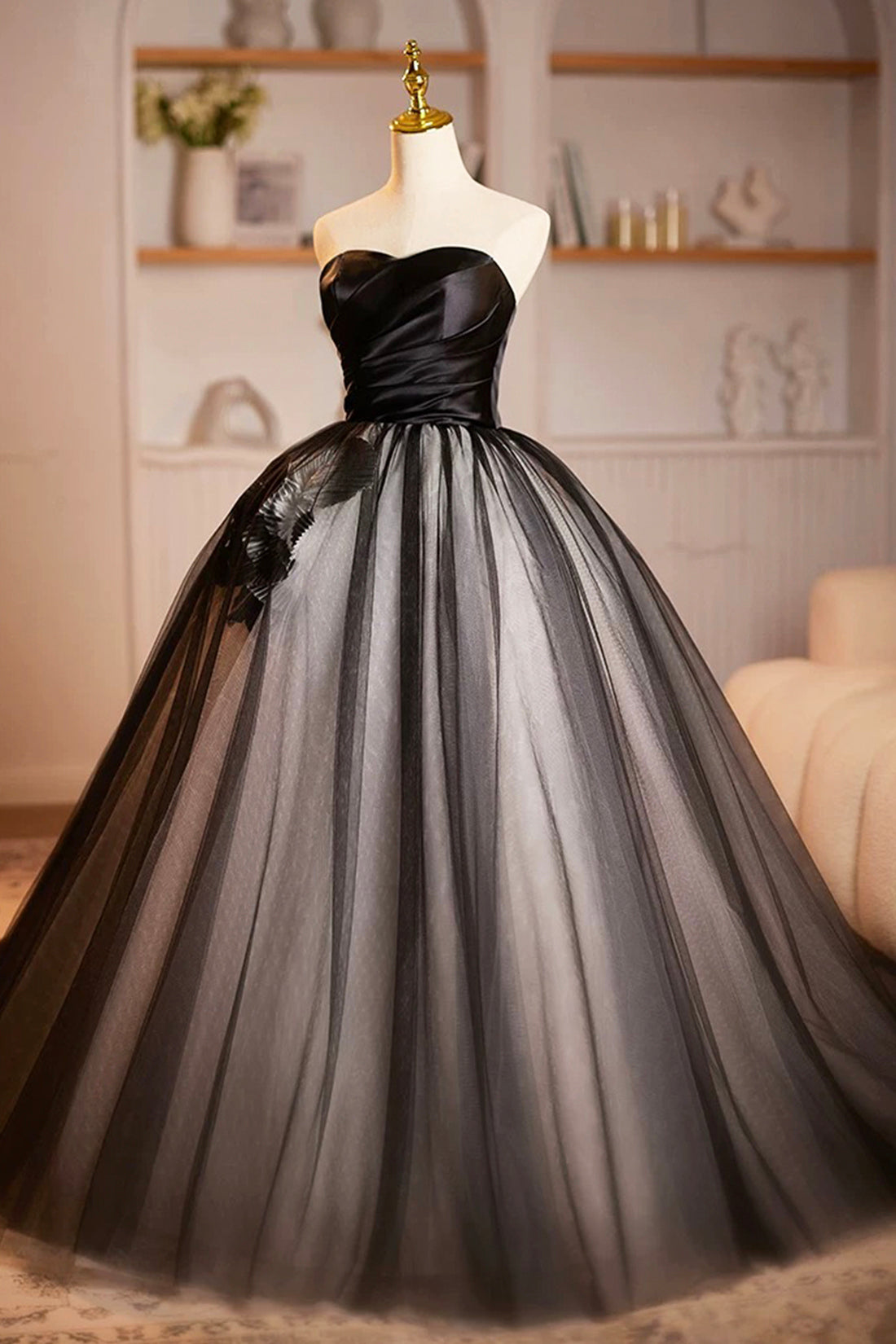 Black Satin and Tulle Long Prom Dress, Elegant A-Line Strapless Formal Party Dress