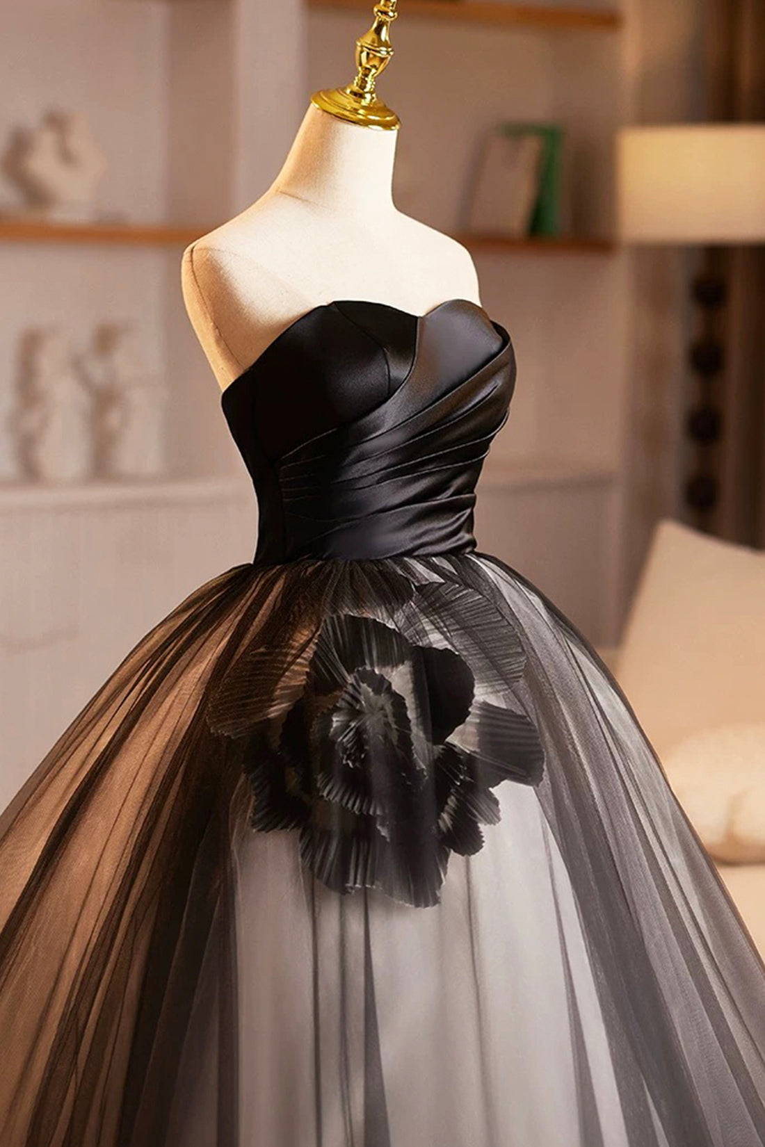 Black Satin and Tulle Long Prom Dress, Elegant A-Line Strapless Formal Party Dress