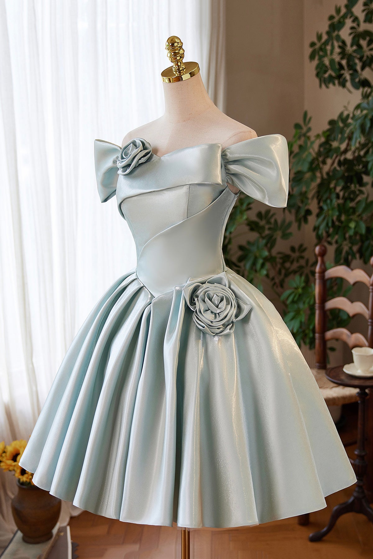 Cute A-Line Satin Short Prom Dress, Gray Green Off the Shoulder Party Dress