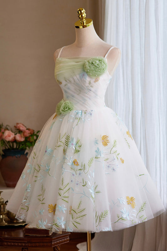White Tulle Floral Short Prom Dress, Beautiful A-Line Evening Party Dress