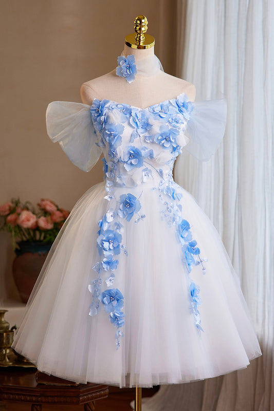 White Tulle and Blue Flower Short Prom Dress, Lovely A-Line Party Dress
