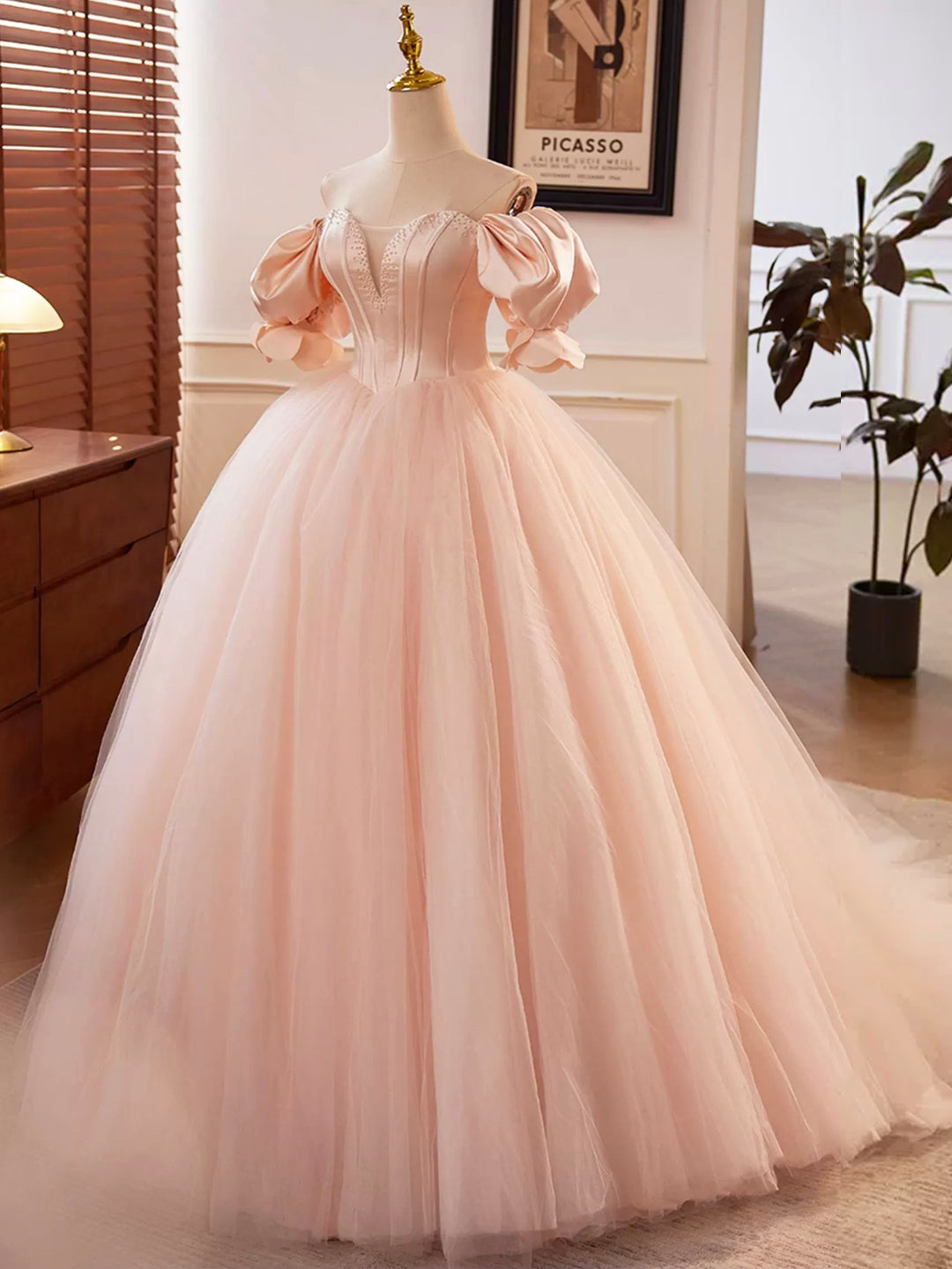 Blushing Pink Off the Shoulder Puffy Short Sleeve Backless Floor-Length Party Dresses with Corset