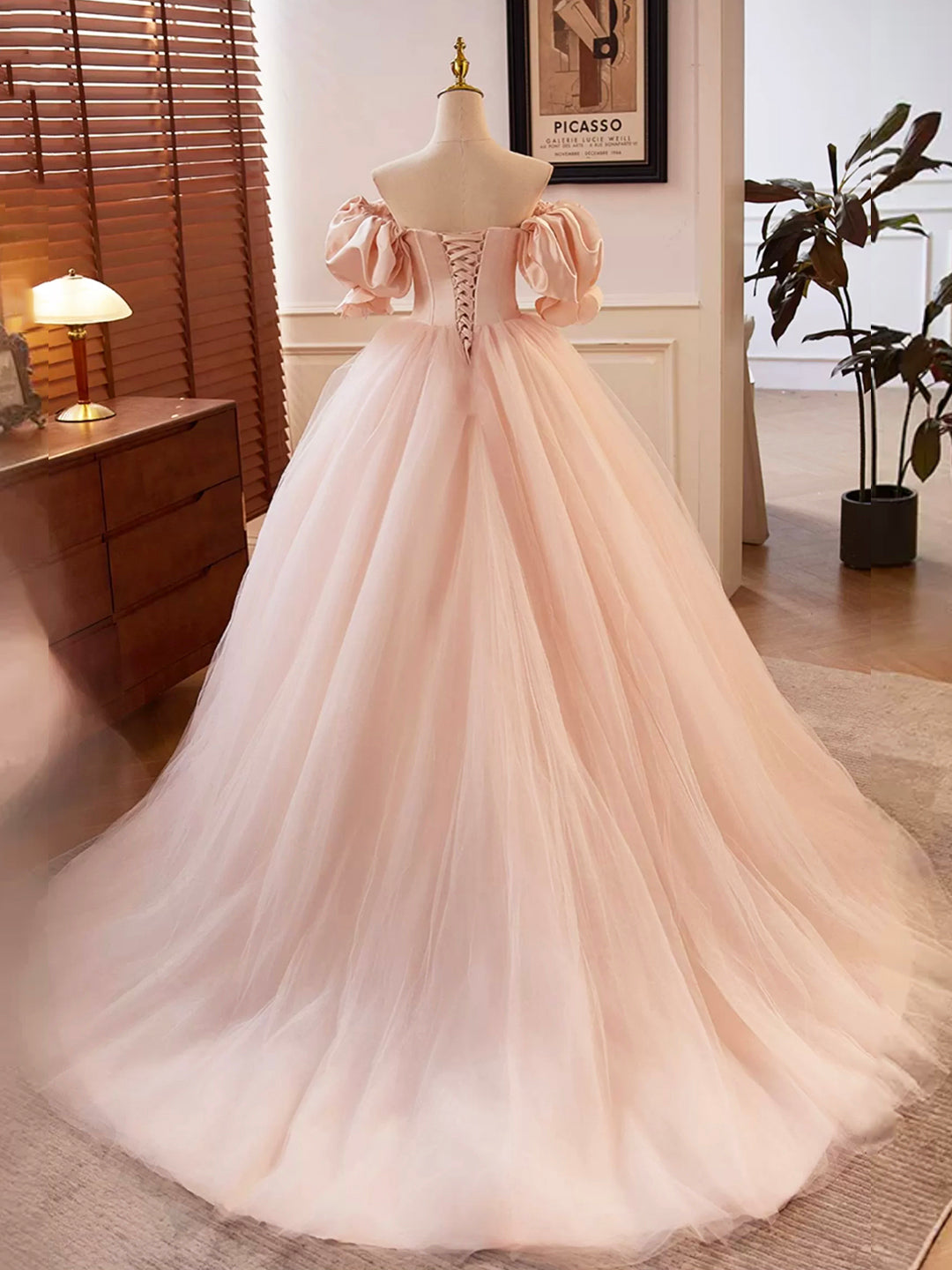 Blushing Pink Off the Shoulder Puffy Short Sleeve Backless Floor-Length Party Dresses with Corset