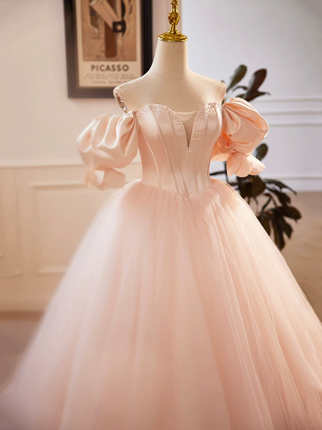 Blushing Pink Off the Shoulder Puffy Short Sleeve Backless Floor-Length Party Dresses with Corset