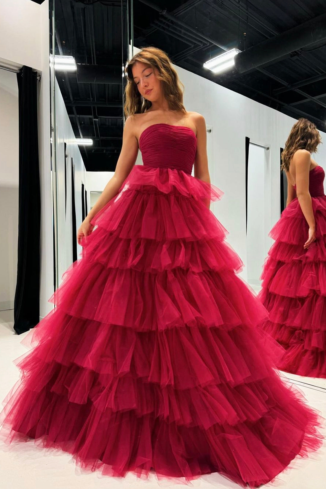 Red Strapless Tulle Long Prom Dress, Beautiful A-Line Evening Party Dr