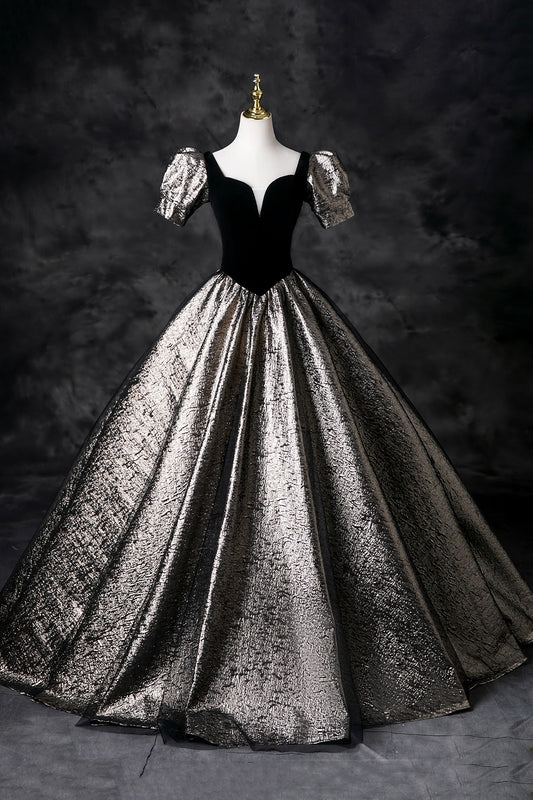 Black Velvet Glitter Prom Dresses, A-Line Short Sleeve Evening Party Dress