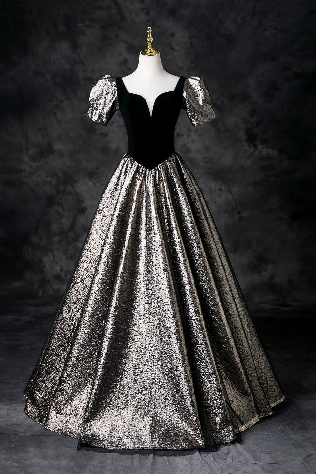 Black Velvet Glitter Prom Dresses, A-Line Short Sleeve Evening Party Dress