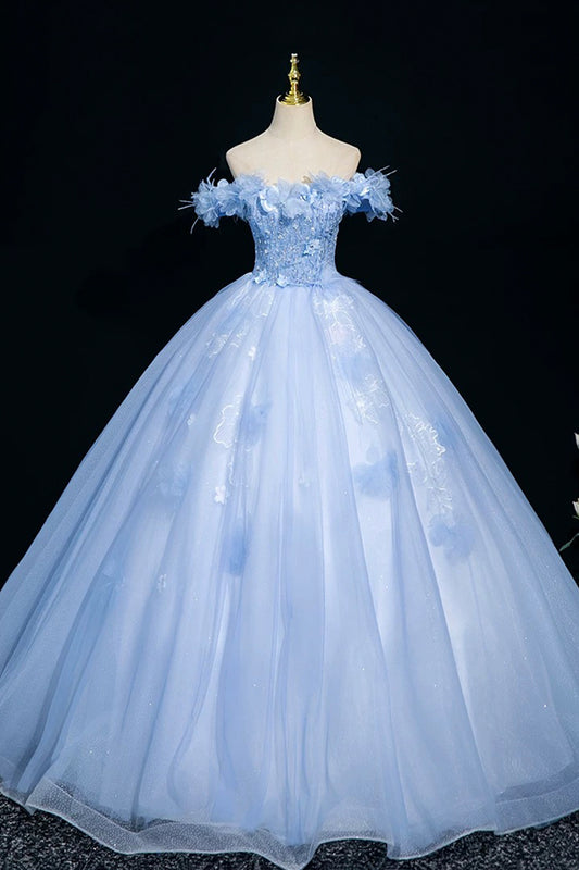 Sky Blue Tulle Sequins Long Prom Dress, A-Line Off the Shoulder Party Dress
