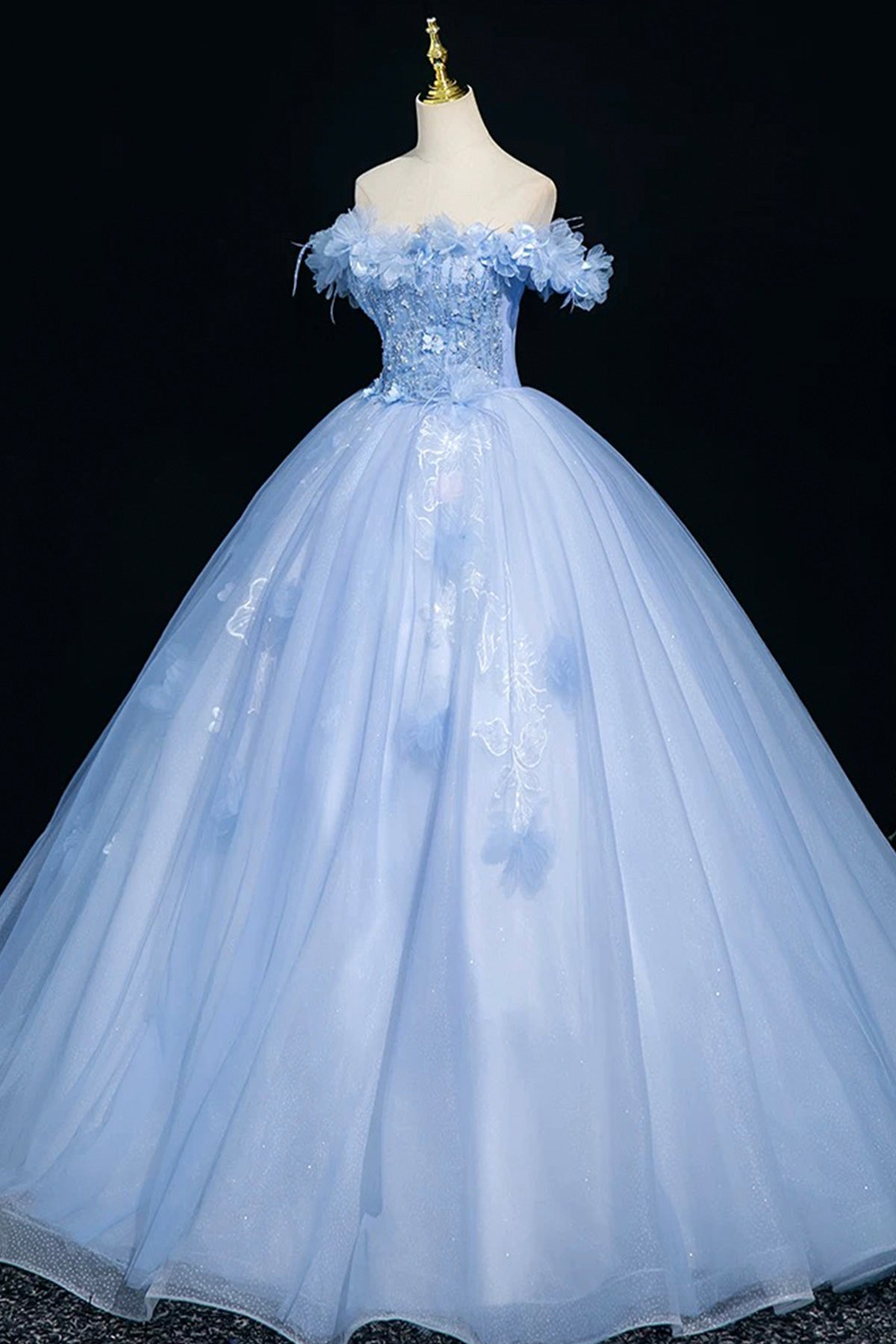 Sky Blue Tulle Sequins Long Prom Dress, A-Line Off the Shoulder Party Dress