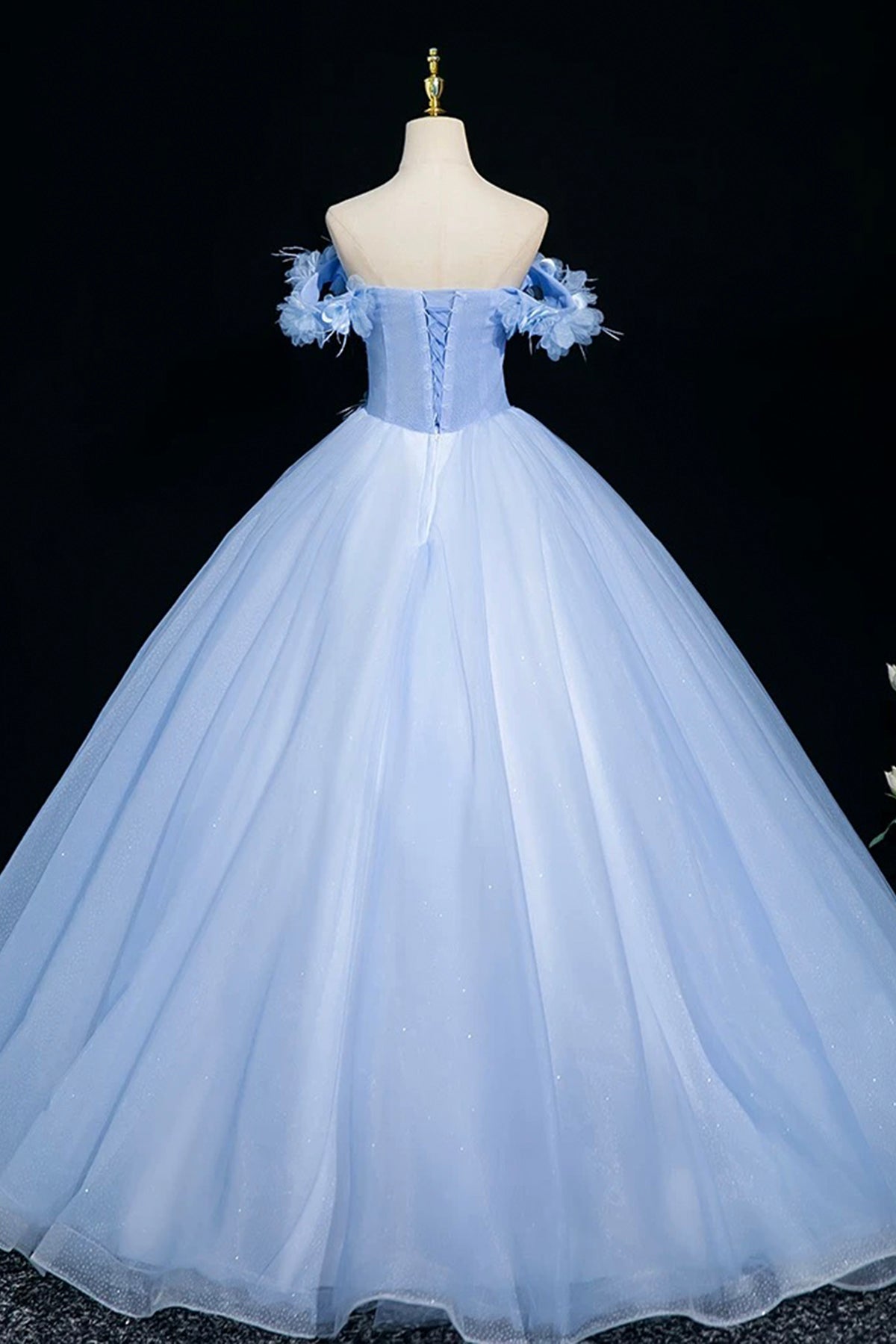 Sky Blue Tulle Sequins Long Prom Dress, A-Line Off the Shoulder Party Dress