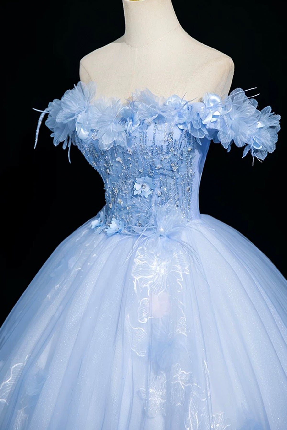 Sky Blue Tulle Sequins Long Prom Dress, A-Line Off the Shoulder Party Dress