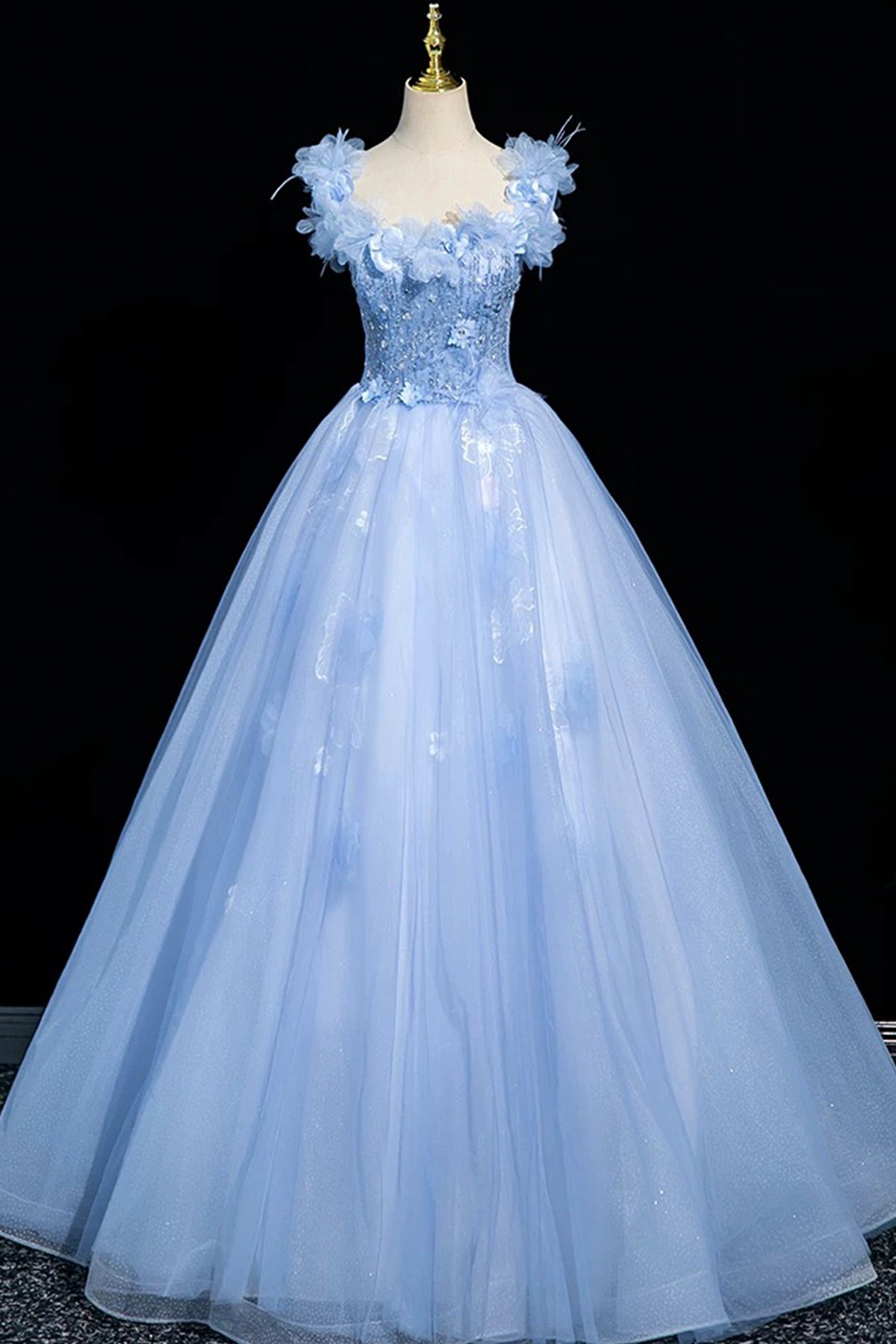 Sky Blue Tulle Sequins Long Prom Dress, A-Line Off the Shoulder Party Dress