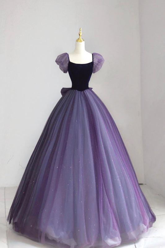Beautiful Velvet Tulle Long Prom Dresses, Purple Short Sleeve Evening Dresses