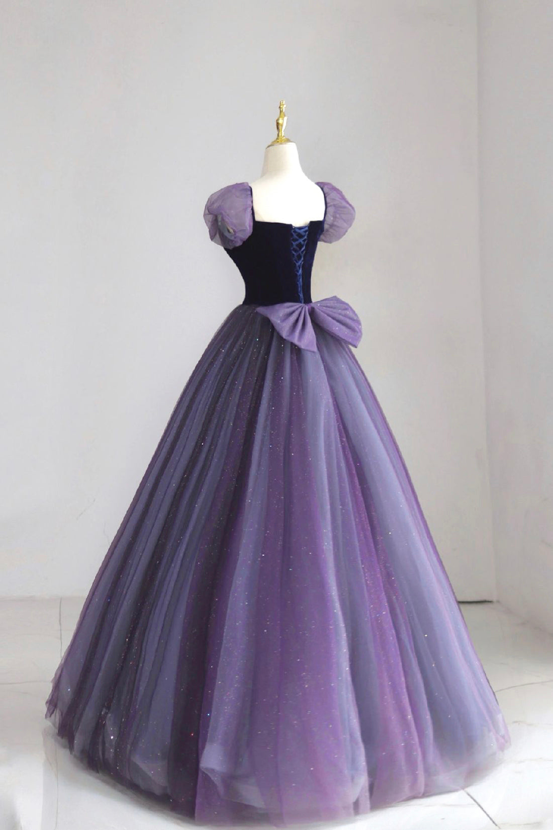 Beautiful Velvet Tulle Long Prom Dresses, Purple Short Sleeve Evening Dresses