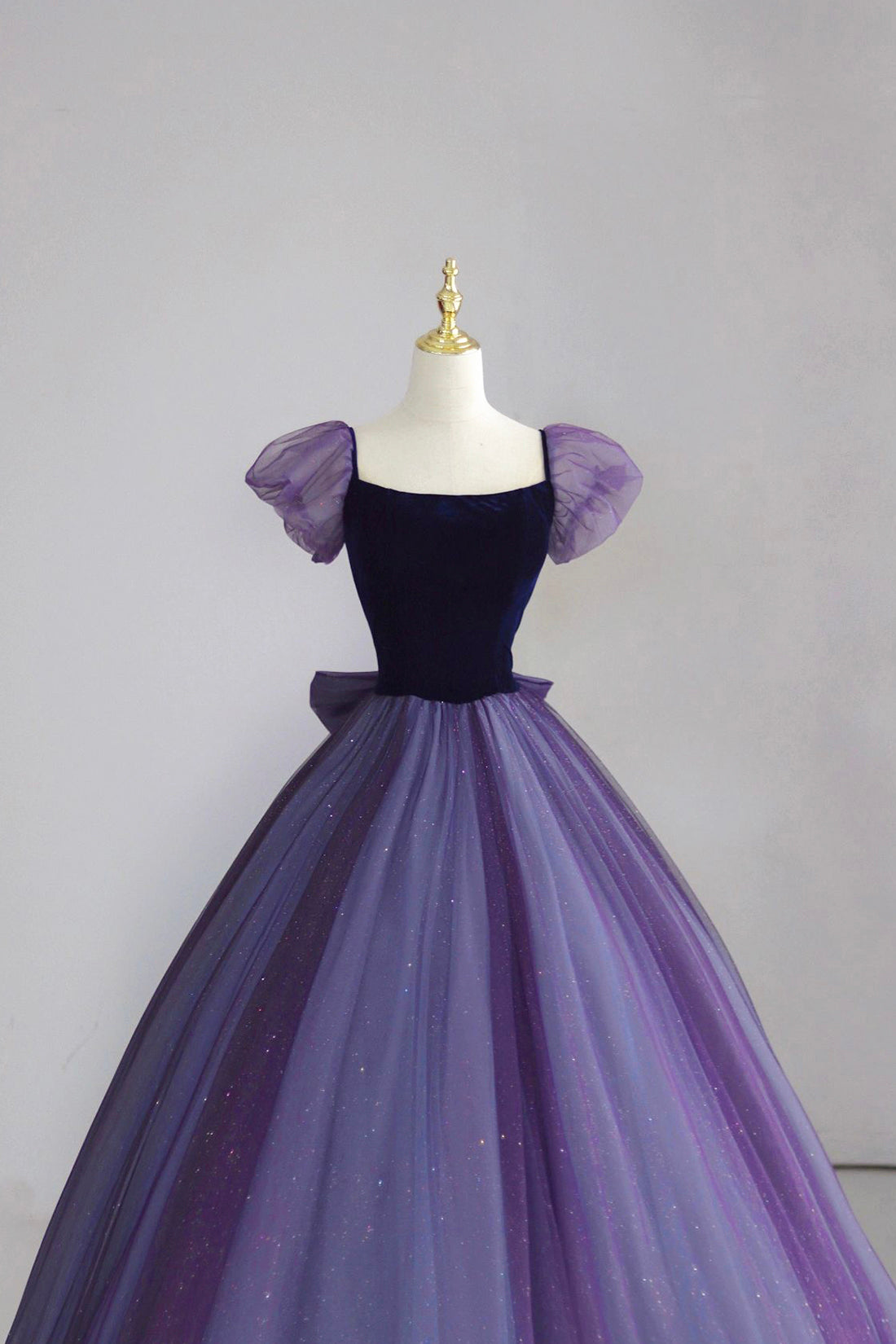 Beautiful Velvet Tulle Long Prom Dresses, Purple Short Sleeve Evening Dresses