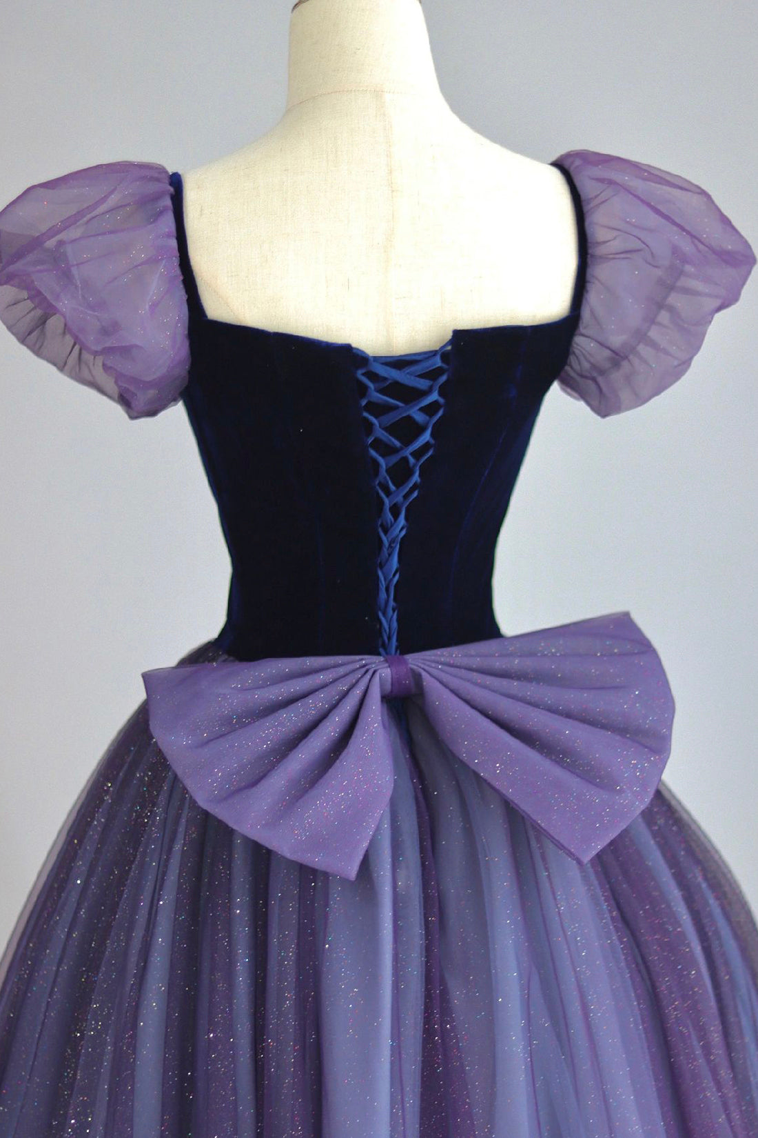 Beautiful Velvet Tulle Long Prom Dresses, Purple Short Sleeve Evening Dresses