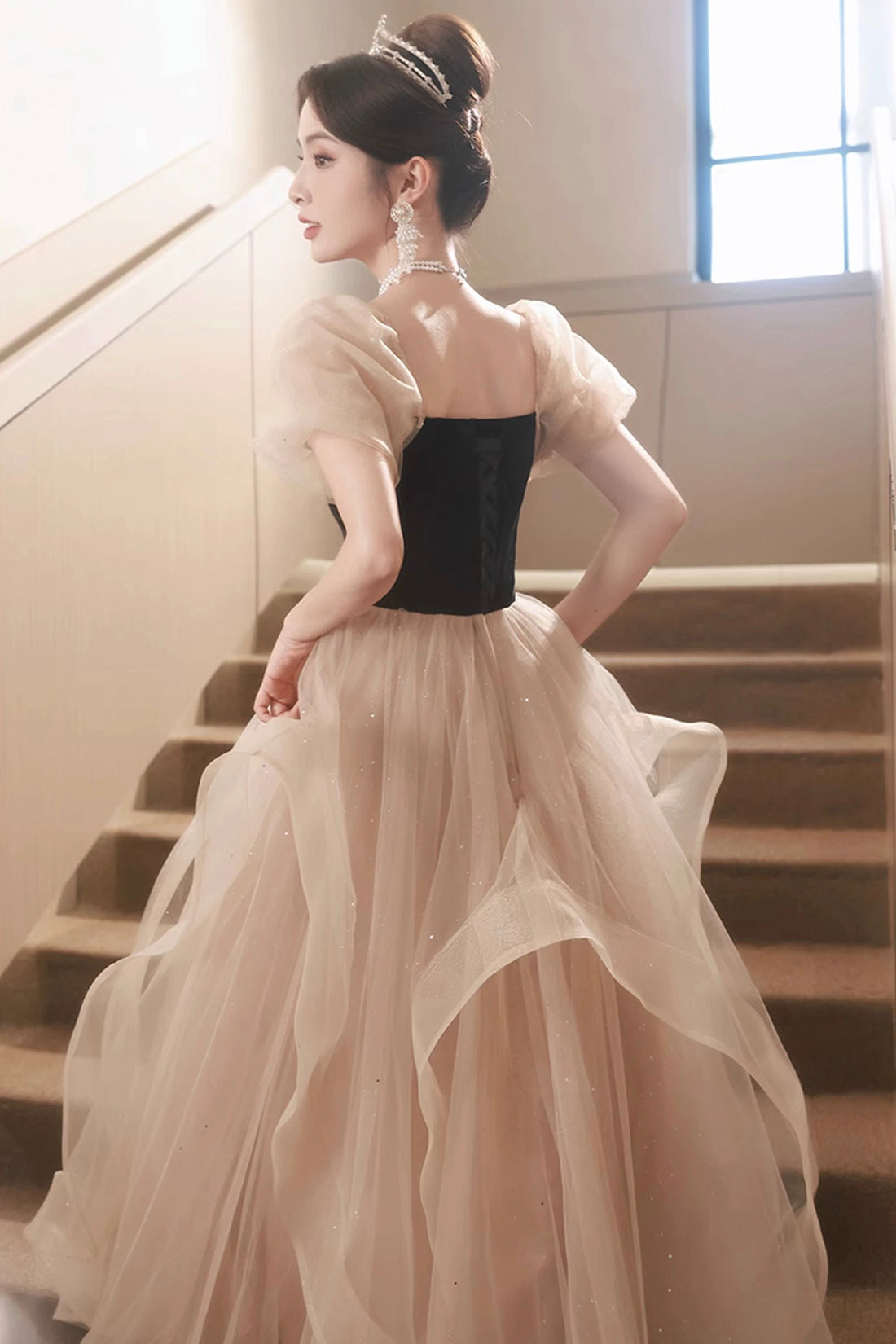 Black Velvet and Champagne Tulle Long Prom Dress