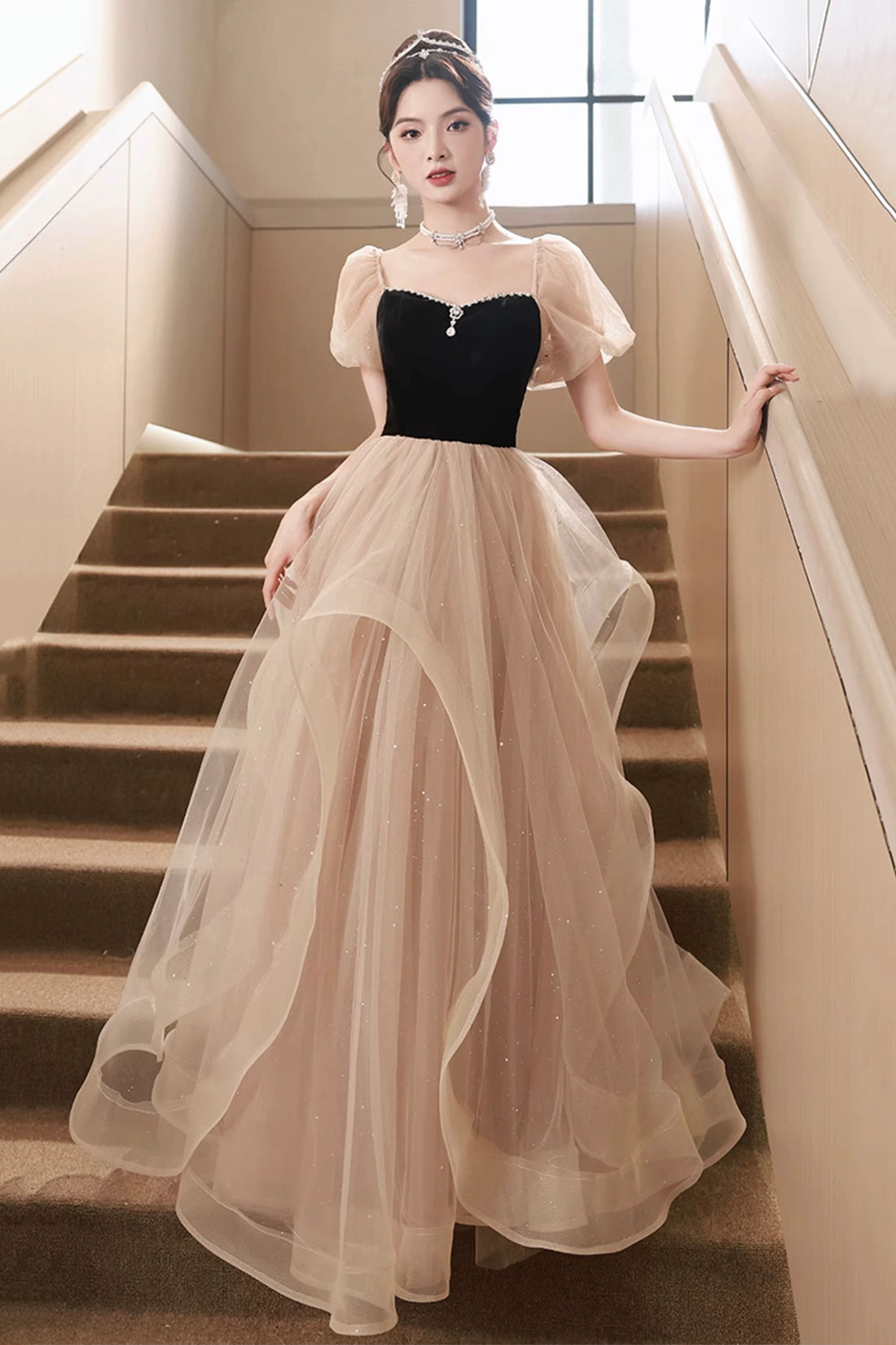 Black Velvet and Champagne Tulle Long Prom Dress girlideas Black Velvet and Champagne Tulle Long Prom Dress girlideas