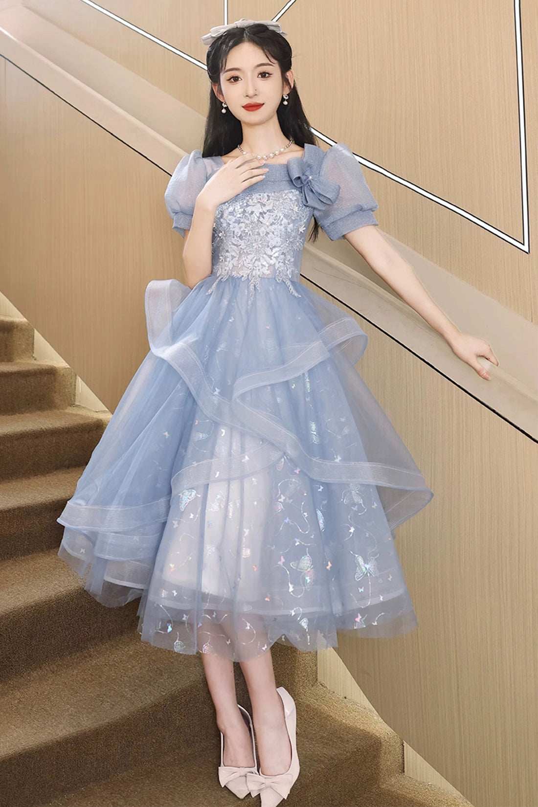 Blue Tulle Lace Knee Length Party Dress, Cute A-Line Short Sleeve Evening Prom Dress