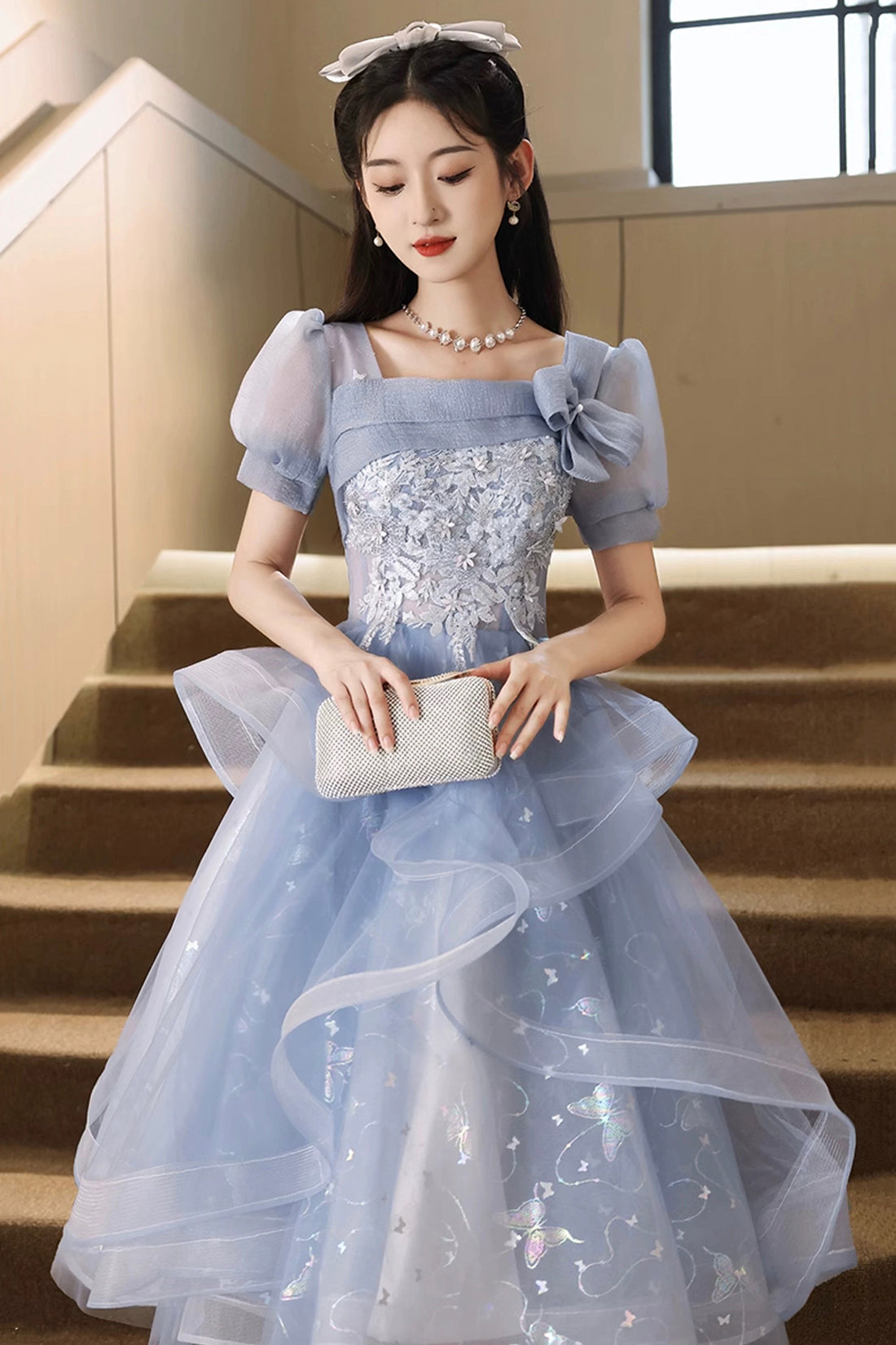 Blue Tulle Lace Knee Length Party Dress, Cute A-Line Short Sleeve Evening Prom Dress