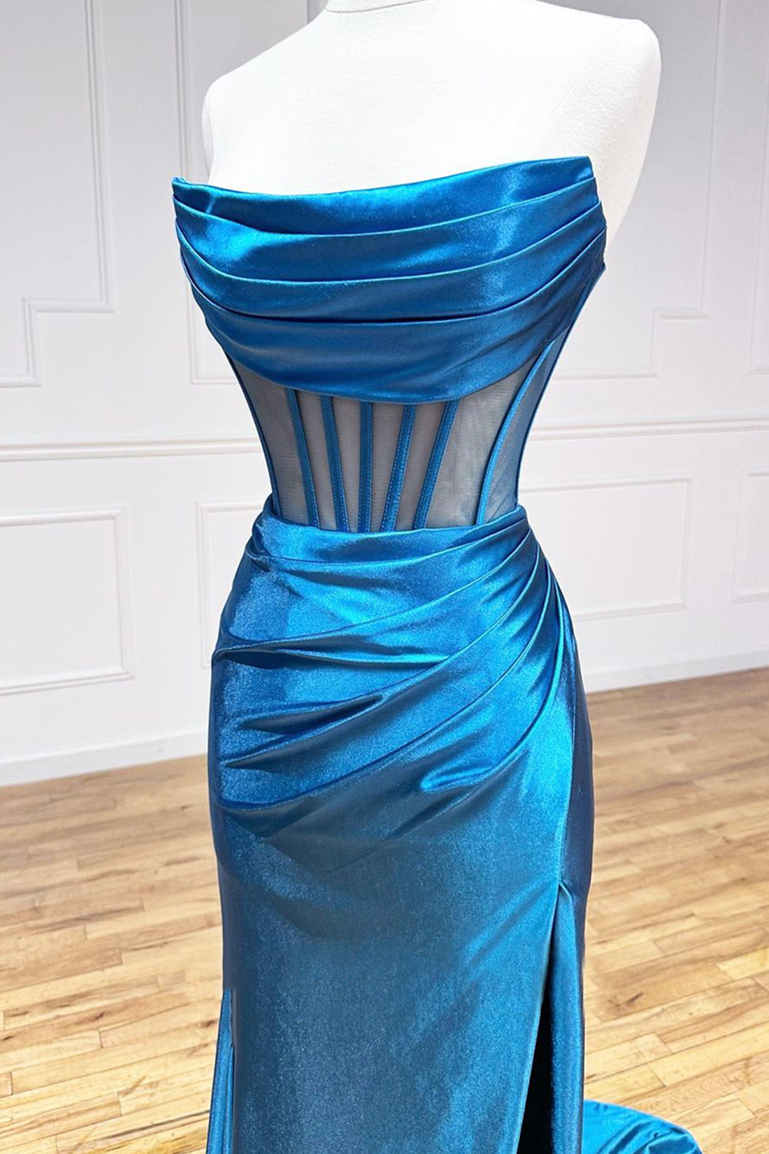 Blue Strapless Pleated Long Prom Dress, Blue Satin Evening Party Dress
