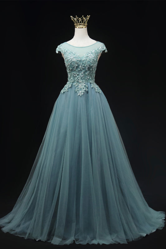 Blue Scoop Neckline Tulle Lace Long Prom Dress, A-Line Evening Party Dress