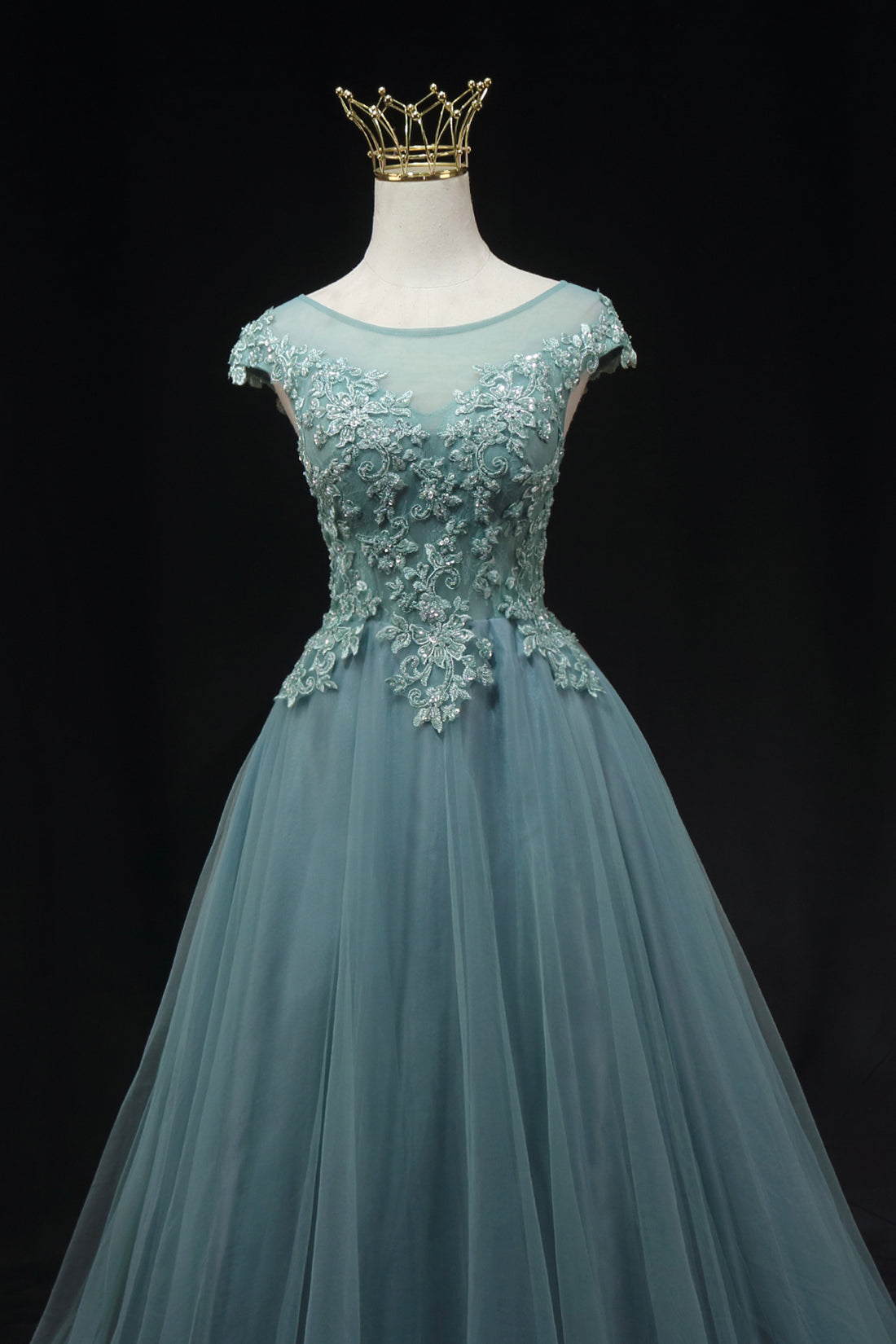 Blue Scoop Neckline Tulle Lace Long Prom Dress, A-Line Evening Party Dress